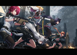 Rule 34 | 5girls, absurdres, aiming, angel wings, animal ears, arknights, battle, belt, black hair, black jacket, blonde hair, building, cape, closed mouth, cloud, cloudy sky, cow horns, croissant (arknights), dark clouds, destruction, exusiai (arknights), fighting stance, fire, floating hair, fox ears, fox girl, fox tail, from side, grin, gun, hair over one eye, halo, highres, holding, holding gun, holding shield, holding staff, holding sword, holding weapon, horns, id card, jacket, jirofly, jumping, kriss vector, lappland (arknights), letterboxed, long hair, looking ahead, material growth, midriff, multiple girls, navel, open mouth, orange hair, oripathy lesion (arknights), pantyhose, parted lips, penguin logistics (arknights), pink skirt, pleated skirt, rain, red eyes, red hair, running, serious, shield, short hair, shorts, skirt, sky, smile, smirk, sora (arknights), staff, submachine gun, sword, tail, texas (arknights), twintails, v-shaped eyebrows, v-shaped eyes, very long hair, weapon, white hair, wings, wolf ears, wolf girl, wolf tail