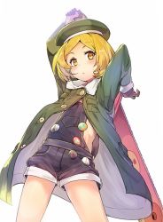 Rule 34 | 1girl, :&lt;, beret, blonde hair, blush, chainsaw, coat, commentary, fate/grand order, fate (series), green coat, green hat, hat, holding, holding weapon, naked overalls, open clothes, open coat, overall shorts, overalls, paul bunyan (fate), paul bunyan (third ascension) (fate), short hair, simple background, solo, sumisu (mondo), weapon, white background, yellow eyes