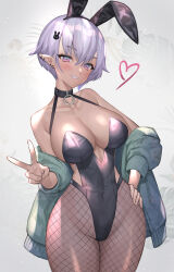 Rule 34 | 1girl, animal ears, bare shoulders, blush, breasts, collar, commentary request, cowboy shot, earrings, fake animal ears, fishnet pantyhose, fishnets, grey hair, hair between eyes, hand on own hip, heart, highleg, highleg leotard, highres, hitowa, jacket, jewelry, large breasts, leotard, looking at viewer, off shoulder, open clothes, open jacket, original, pantyhose, playboy bunny, rabbit ears, red eyes, short hair, smile, v