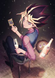 Rule 34 | 1boy, black footwear, black hair, black pants, bliss (ferment factory), blonde hair, blue vest, card, commentary, crossed legs, cup, dark magician, duel monster, english commentary, from behind, highres, holding, holding card, holding cup, indoors, kuriboh, long hair, long sleeves, male focus, multicolored hair, muto yugi, pants, pink shirt, purple eyes, red hair, shirt, sitting, solo, spiked hair, vest, yu-gi-oh!