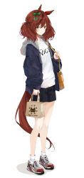 Rule 34 | 1girl, alternate costume, animal ears, arm at side, bag, black shorts, blue jacket, brown hair, casual, closed mouth, ear covers, full body, highres, holding, holding bag, hood, hood down, hooded jacket, horse ears, horse girl, horse tail, jacket, looking at viewer, medium hair, multicolored hair, nice nature (umamusume), ninjin nouka, open clothes, open jacket, shirt, shoes, shopping bag, shorts, shoulder bag, simple background, smile, sneakers, socks, solo, standing, streaked hair, tail, umamusume, white background, white shirt, white socks, yellow eyes