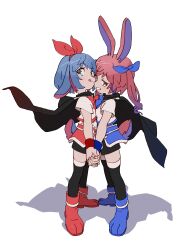 Rule 34 | 2girls, :q, absurdres, animal ears, aqua eyes, armor, black cape, black skirt, black thighhighs, blue bow, blue bowtie, blue footwear, blue hair, blue wristband, boots, bow, bowtie, cape, closed mouth, faulds, from side, gradient hair, grin, hair bow, highres, holding hands, interlocked fingers, looking at viewer, lop rabbit ears, matching outfits, multicolored hair, multiple girls, nse, omega rei, omega rio, omega sisters, paw shoes, pink hair, purple hair, rabbit ears, red bow, red bowtie, red footwear, red hair, red wristband, ringlets, shirt, short hair, short sleeves, siblings, sisters, skirt, smile, streaked hair, sweatband, thighhighs, tongue, tongue out, twintails, virtual youtuber, white shirt, yellow eyes