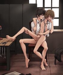 Rule 34 | 2boys, akechi gorou, amamiya ren, anal, black eyes, black hair, blush, bottomless, brown eyes, brown hair, chair, feet, glasses, highres, male focus, male penetrated, multiple boys, natsuwhisper, necktie, nipples, open clothes, pectorals, penis, persona, phone, school uniform, sitting, sitting on person, sweat, testicles, window, workshop, wrench, yaoi