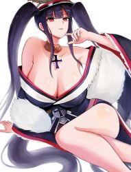 Rule 34 | 1girl, absurdres, azur lane, bare shoulders, black hair, breasts, cleavage, closed mouth, cross, cross necklace, crossed legs, finger to mouth, hand on floor, hat, highres, jewelry, large breasts, long hair, looking at viewer, necklace, official alternate costume, on floor, peter strasser (azur lane), red eyes, sauvignon, sitting, solo, thighs, twintails, white background