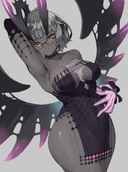 Rule 34 | 1girl, absurdres, arm up, armpits, bare shoulders, black-framed eyewear, black choker, black dress, black horns, black sleeves, black wings, breasts, choker, cleavage, colored skin, commentary, cowboy shot, demon girl, demon horns, demon wings, detached sleeves, dress, fate/grand order, fate (series), fromgod jungle, glasses, glowing, glowing hand, grey background, grey hair, grey skin, highres, horns, jacques de molay (foreigner) (fate), jacques de molay (foreigner) (third ascension) (fate), large breasts, light blush, looking at viewer, off-shoulder dress, off shoulder, parted lips, pelvic curtain, presenting armpit, short dress, short hair, simple background, smile, solo, spread navel, teeth, thighs, wings, yellow eyes