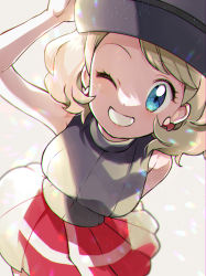 Rule 34 | 1girl, arm up, bare arms, blonde hair, blue eyes, breasts, commentary request, creatures (company), earrings, eyelashes, game freak, grey hat, grey vest, grin, hat, highres, jewelry, leaning forward, looking at viewer, nintendo, one eye closed, pleated skirt, pokemon, pokemon (anime), pokemon journeys, pokemon swsh105, red skirt, sasairebun, serena (pokemon), short hair, skirt, smile, solo, sweater vest, vest
