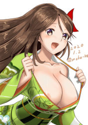 Rule 34 | 1girl, amagi (kancolle), blush, breasts, brown eyes, brown hair, dated, floral print, hair between eyes, hair ornament, high ponytail, japanese clothes, kantai collection, kimono, large breasts, long hair, looking at viewer, moke ro, mole, mole under eye, open clothes, open mouth, ponytail, ribbon, sidelocks, smile, solo, twitter username, wide ponytail, yukata