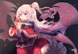 Rule 34 | 1girl, black background, black wings, capelet, flower, hair bobbles, hair ornament, highres, holding, holding flower, kemo chiharu, long hair, multiple wings, one side up, own hands together, pink eyes, red capelet, red shirt, red skirt, shinki (touhou), shirt, signature, skirt, solo, touhou, touhou (pc-98), white hair, wings