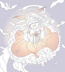 Rule 34 | 10s, 1girl, :d, bat (animal), bat wings, collared shirt, demon tail, fangs, female focus, fingernails, flower, frilled shirt collar, frilled skirt, frills, gradient background, granblue fantasy, hair between eyes, head wings, koza game, long hair, long sleeves, multiple tails, open mouth, pale color, partially colored, plant, pointy ears, rose, shingeki no bahamut, shirt, skirt, smile, solo, tail, vampire, vampy, wings