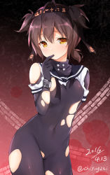 Rule 34 | 10s, 1girl, antenna hair, blush, bodysuit, breasts, brown eyes, brown hair, chiyingzai, covered erect nipples, covered navel, dated, finger in own mouth, hachimaki, hair flaps, hairband, hatsuzuki (kancolle), headband, kantai collection, looking at viewer, short hair, small breasts, solo, tears, torn bodysuit, torn clothes, twitter username