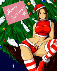 Rule 34 | 1girl, abs, alternate costume, ankle boots, blush stickers, boots, breasts, brown eyes, brown hair, christmas, christmas tree, contrapposto, crop top, highres, julia chang, large breasts, long hair, namco, pleasure-treasure, santa costume, short shorts, shorts, sign, smile, solo, standing, striped clothes, striped thighhighs, taut clothes, tekken, tekken 3, tekken 4, tekken 5 (dark resurrection), tekken tag tournament 2, thighhighs