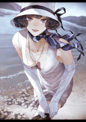Rule 34 | 1girl, bare shoulders, beach, black hair, black thighhighs, bob cut, breasts, dress, elbow gloves, gloves, grey eyes, hat, highres, jewelry, kaoming, lake, looking at viewer, medium breasts, mountain, necklace, no bra, original, outdoors, pearl necklace, sleeveless, sleeveless dress, solo, teeth, thighhighs, white dress, white gloves