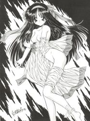 Rule 34 | 1girl, absurdres, ainu clothes, arm under breasts, artist name, black hair, breasts, feet, hair ribbon, highres, kushida ashura, legs, looking at viewer, lying, medium breasts, monochrome, nakoruru, navel, nipples, open clothes, parted lips, ribbon, samurai spirits, snk, solo, tears, the king of fighters, thighs