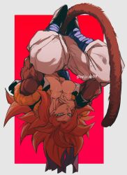 Rule 34 | 1boy, absurdres, biceps, black wristband, blue eyes, blue sash, body fur, dragon ball, dragon ball gt, gogeta, highres, looking at viewer, male focus, metamoran vest, monkey boy, monkey tail, muscular, muscular male, no nipples, pants, pectorals, red hair, relio db318, sash, simple background, solo, spiked hair, super saiyan, super saiyan 4, tail, white pants