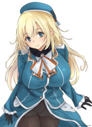 Rule 34 | 1girl, artist name, atago (kancolle), beret, black gloves, black pantyhose, blonde hair, blue eyes, blue hat, blue jacket, blush, breasts, cowboy shot, dated, gloves, hair between eyes, hat, highres, jacket, kantai collection, large breasts, long hair, long sleeves, military, military uniform, pantyhose, simple background, skirt, smile, solo, standing, timato, uniform, white background