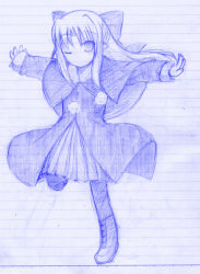 Rule 34 | 00s, 1girl, bad anatomy, half updo, len (tsukihime), melty blood, monochrome, one eye closed, pantyhose, pointy ears, poorly drawn, purple theme, sketch, solo, traditional media, tsukihime, type-moon, wink