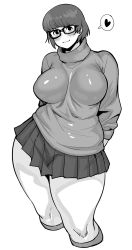 Rule 34 | 1girl, bad id, bad tumblr id, blush, breasts, breasts apart, contrapposto, cowboy shot, cropped legs, curvy, female focus, freckles, glasses, greyscale, heart, highres, large breasts, light smile, looking at viewer, medium breasts, microskirt, monochrome, pleated skirt, plump, scooby-doo, short hair, simple background, skirt, smile, solo, spoken heart, standing, sweater, synecdoche, thick thighs, thighs, velma dace dinkley, white background, wide hips