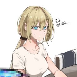 Rule 34 | 1girl, blonde hair, blouse, blue eyes, braid, breasts, censored, censored food, closed mouth, collarbone, commentary, g36 (girls&#039; frontline), girls&#039; frontline, highres, korean text, long hair, looking at viewer, medium breasts, mmm (ji1945), shirt, solo, sweatdrop, symbol-only commentary, translation request, upper body, white background, white shirt