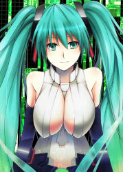 Rule 34 | 1girl, alternate breast size, aqua eyes, aqua hair, arms at sides, bad id, bad pixiv id, between breasts, breasts, chulain, cleavage, elbow gloves, eyebrows hidden by hair, gloves, hair between eyes, hanging breasts, hatsune miku, hatsune miku (append), kamata yuuya, large breasts, leaning forward, long hair, necktie, smile, solo, twintails, very long hair, vocaloid, vocaloid append