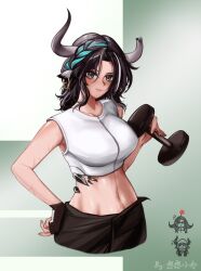 Rule 34 | 3girls, animal ears, aqua hair, arknights, artist name, bare shoulders, black gloves, black hair, blush, braid, breasts, broken horn, chibi, chibi inset, closed mouth, cow ears, cow girl, cow horns, crop top, dumbbell, fingerless gloves, gloves, gradient background, green background, green eyes, han han xiao leng, hand on own hip, horns, large breasts, long hair, looking at viewer, material growth, multicolored hair, multiple girls, navel, oripathy lesion (arknights), pallas (arknights), single glove, sleeveless, smile, stomach, streaked hair, sweat, two-tone hair, vulcan (arknights), wind chimes (arknights)