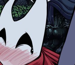 Rule 34 | 1boy, 1girl, anal, anus, ass, black cape, black skin, blush, boxman, cape, colored skin, heart, hetero, highres, hollow knight, hornet (hollow knight), knight (hollow knight), large penis, lying, penis, prone bone, red cape, sex, sex from behind, size difference, sweat, veins, veiny penis