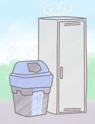 Rule 34 | 2girls, blue archive, blue background, commentary request, door, floor, full body, halo, highres, locker, midorino eni, miyu (blue archive), multiple girls, pavement, recycle bin, simple background, trash can, yuzu (blue archive)