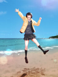 Rule 34 | 1girl, :d, amagami, arm up, beach, black hair, black jacket, black sailor collar, black skirt, black socks, blazer, blue sky, blurry, blush, bokeh, breasts, brown footwear, closed eyes, collared shirt, commentary, cropped, curled fingers, depth of field, dress shirt, film grain, grey sweater, hands up, highres, jacket, jumping, kibito high school uniform, kneehighs, loafers, mountainous horizon, nanasaki ai, ocean, open clothes, open jacket, open mouth, oshizu, pleated skirt, sailor collar, sand, school uniform, serafuku, shadow, shirt, shoes, short hair, skirt, sky, small breasts, smile, socks, solo, spray, sweater, teeth, upper teeth only, water, waving, white shirt, yellow jacket