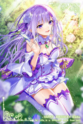Rule 34 | 1girl, bare shoulders, breasts, cleavage, commentary request, detached sleeves, dress, emilia (re:zero), flower, frills, full body, hair flower, hair ornament, hair ribbon, hand up, happy birthday, highres, light purple hair, long hair, long sleeves, looking at viewer, medium breasts, miniskirt, murakami yuichi, official art, open mouth, pleated skirt, pointy ears, purple eyes, purple ribbon, re:zero kara hajimeru isekai seikatsu, ribbon, rose, second-party source, seiza, sitting, skirt, solo, thighhighs, white dress, white flower, white rose, white skirt, white thighhighs, zettai ryouiki