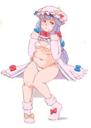 Rule 34 | 1girl, bikini, blue bow, blue eyes, blue hair, bow, breasts, closed mouth, crescent, crescent hair ornament, female focus, full body, hair bow, hair ornament, hat, long hair, long sleeves, looking to the side, medium breasts, micro bikini, mob cap, patchouli knowledge, plump, red bow, side-tie bikini bottom, simple background, sitting, solo, sooperman, stomach, sweat, swimsuit, thighs, touhou, white background, white bikini, white footwear