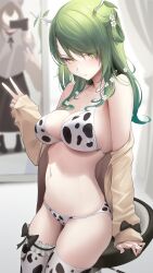 Rule 34 | 2girls, absurdres, animal print, antlers, bikini, blush, bow, bowtie, breasts, cardigan, ceres fauna, commentary, cow print, cow print bikini, english commentary, flower, frills, green hair, hair flower, hair ornament, highres, hololive, hololive english, horns, large breasts, long hair, looking at viewer, mole, mole under eye, multiple girls, nanashi mumei, nanashi mumei (casual), navel, open cardigan, open clothes, print bikini, somebody (leiking00), strap gap, swimsuit, thighhighs, v, virtual youtuber, yellow eyes