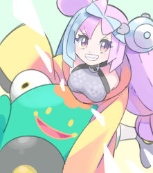 Rule 34 | 1girl, bellibolt, boots, commentary request, creatures (company), eyelashes, game freak, green hair, grey footwear, grey shirt, grin, highres, iono (pokemon), jacket, long hair, looking at viewer, multicolored hair, nintendo, pink hair, pokemon, pokemon (creature), pokemon sv, purple eyes, shirt, smile, sutokame, teeth, two-tone hair, yellow jacket
