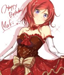 Rule 34 | 10s, 1girl, bare shoulders, blush, bow, character name, choker, dress, elbow gloves, fingerless gloves, frilled bow, frilled dress, frilled gloves, frills, gloves, happy birthday, jiino, looking at viewer, love live!, love live! school idol festival, love live! school idol project, nishikino maki, purple eyes, red dress, red hair, ribbon, short hair, skirt hold, smile, solo, star (symbol), striped bow, striped ribbon, white background, white gloves
