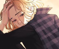 Rule 34 | 187x191, black eyes, black shirt, blonde hair, closed mouth, collared shirt, empty eyes, hand in own hair, hand up, highres, long sleeves, looking at viewer, medium hair, plaid, plaid shirt, sano manjirou, shirt, shirt on shoulders, smile, tokyo revengers, upper body, yellow background