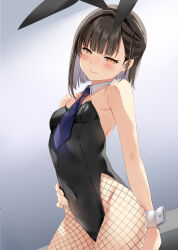 Rule 34 | 1girl, animal ears, bare shoulders, black hair, black leotard, blue necktie, blunt bangs, blush, breasts, closed mouth, covered navel, cowboy shot, detached collar, fake animal ears, fishnet pantyhose, fishnets, gradient background, grey background, hairband, half-closed eyes, hand on own hip, highleg, highleg leotard, leotard, looking at viewer, natsume eri, necktie, noripro, pantyhose, playboy bunny, rabbit ears, simple background, small breasts, smile, smirk, solo, standing, strapless, strapless leotard, tsukudani norio (vtuber), virtual youtuber, wrist cuffs, yellow eyes