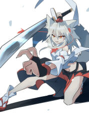Rule 34 | 1girl, absurdres, animal ears, black gloves, black skirt, commentary request, detached sleeves, fang, fingerless gloves, gloves, grey hair, hat, highres, holding, holding sword, holding weapon, inubashiri momiji, kakaricho dairi, looking at viewer, medium hair, multicolored hair, navel, open mouth, red eyes, red footwear, red hat, red skirt, shirt, simple background, skirt, socks, solo, sword, tail, tokin hat, touhou, two-tone hair, v-shaped eyebrows, weapon, white background, white shirt, white socks, wolf ears, wolf girl, wolf tail