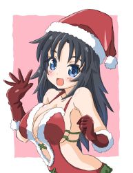 Rule 34 | 1girl, :d, black hair, blue eyes, breasts, christmas, cleavage, commentary request, ehime (ehime mikan), fur-trimmed leotard, fur trim, girls und panzer, gloves, hat, highres, large breasts, leaning forward, leotard, long hair, looking at viewer, open mouth, outside border, pink background, red hat, red leotard, santa costume, santa gloves, santa hat, see-through, smile, solo, upper body, waving, yamagou ayumi