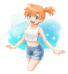 Rule 34 | 1girl, 2020, :d, blue eyes, blue shorts, character name, collarbone, creatures (company), crop top, cropped legs, game freak, hair between eyes, midriff, misty (pokemon), navel, nintendo, one side up, open mouth, orange hair, pokemon, pokemon lgpe, pudding3288, short hair, short shorts, shorts, sleeveless, smile, solo, standing, stomach, white background
