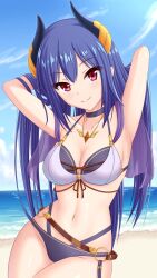 Rule 34 | 1girl, armpits, arms up, beach, blue hair, breasts, closed mouth, demon girl, demon horns, highres, horns, long hair, looking at viewer, medium breasts, navel, official alternate costume, outdoors, presenting armpit, princess connect!, purple eyes, rei (princess connect!), rei (summer) (princess connect!), smile, solo, tamba i