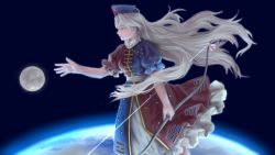 Rule 34 | 1girl, arm at side, arm up, bow (weapon), commentary request, constellation, dress, earth (planet), expressionless, from side, hair blowing, hat, highres, holding, holding bow (weapon), holding weapon, kawahagi modoki, layered dress, lips, long hair, looking to the side, moon, nurse cap, open clothes, open dress, profile, puffy short sleeves, puffy sleeves, reaching, short sleeves, grey eyes, silver hair, solo, space, touhou, trigram, two-tone dress, very long hair, weapon, wind, wind lift, yagokoro eirin