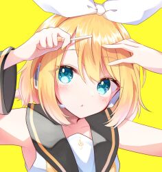 Rule 34 | 1girl, :o, adjusting hair, blonde hair, blue eyes, bow, commentary, hair bow, headset, kagamine rin, mani (manidrawings), portrait, sailor collar, short hair, simple background, solo, treble clef, vocaloid, white bow, yellow background