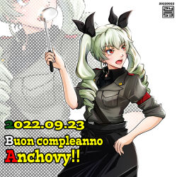 Rule 34 | 1girl, anchovy (girls und panzer), anzio military uniform, apron, artist logo, belt, black apron, black necktie, black shirt, character name, dated, dress shirt, drill hair, girls und panzer, green hair, grey jacket, hand on own hip, happy birthday, holding, holding ladle, italian text, jacket, ladle, long hair, looking to the side, military, military uniform, necktie, nishi itsumi, open mouth, red eyes, sam browne belt, shirt, solo, twin drills, twintails, uniform, upper body, waist apron, wing collar, zoom layer