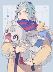Rule 34 | 1boy, altaria, beartic, blush, cetitan, cetoddle, character doll, closed mouth, commentary, creatures (company), doll, eyelashes, fingernails, frosmoth, game freak, gen 3 pokemon, gen 5 pokemon, gen 8 pokemon, green eyes, green hair, grusha (pokemon), hair ornament, hairclip, heart, highres, holding, holding doll, jacket, long sleeves, male focus, nintendo, pankona (ubsssss), pokemon, pokemon sv, scarf, striped clothes, striped scarf, symbol-only commentary, twitter username, upper body, watermark, yellow jacket