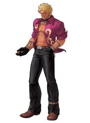 Rule 34 | 1boy, abs, belt, blonde hair, boots, choker, cowboy boots, denim, gloves, hand in pocket, highres, jeans, jewelry, leather, leather boots, male focus, muscular, necklace, official art, ogura eisuke, open clothes, open shirt, pants, shen woo, shirt, snk, solo, spiked hair, tattoo, the king of fighters, the king of fighters xii, walnut