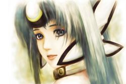 Rule 34 | 1girl, android, blue eyes, blue hair, collar, commentary request, cyborg, fm77 (artist), forehead protector, kos-mos, long hair, looking at viewer, portrait, solo, xenosaga
