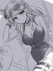 Rule 34 | 1girl, animal ears, breasts, casual one-piece swimsuit, chair, character request, choker, cosplay, drink, eyewear on head, gold ship (run revolt launcher) (umamusume), gold ship (umamusume), gold ship (umamusume) (cosplay), greyscale, horse ears, horse girl, long hair, looking at viewer, lounge chair, medium breasts, monochrome, one-piece swimsuit, pataneet, sitting, solo, sunglasses, swimsuit, umamusume