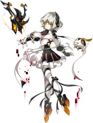 Rule 34 | 1girl, android, artist request, backless outfit, black ribbon, bow, code: failess (elsword), earpiece, electricity, elsword, eve (elsword), expressionless, facial mark, finger cots, floating, forehead jewel, frills, full body, leg ribbon, looking at viewer, moby (elsword), official art, open hand, orange eyes, outstretched arms, pink trim, remy (elsword), ribbon, short hair, silver hair, transparent background, white ribbon