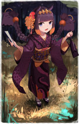 Rule 34 | 1girl, absurdres, alternate hairstyle, blue eyes, blunt bangs, braid, commentary, english commentary, fang, folding fan, forest, geta, gradient hair, grass, hair ornament, hand fan, headpiece, highres, hololive, hololive english, japanese clothes, kanzashi, kimono, kinchaku, leaning forward, long hair, long sleeves, looking at viewer, low twintails, mrstomachache, multicolored hair, nature, ninomae ina&#039;nis, obi, obiage, obijime, open mouth, orange hair, outdoors, paper fan, pouch, purple hair, sash, smile, solo, standing, tabi, takodachi (ninomae ina&#039;nis), tentacle hair, twin braids, twintails, very long hair, virtual youtuber, wide sleeves, yukata