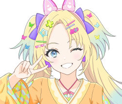 Rule 34 | 1girl, ;d, absurdres, animal ear headphones, animal ears, blonde hair, blue eyes, blue hair, bow, butterfly hair ornament, cat ear headphones, commentary, ene ybsk, fake animal ears, gradient hair, grin, hair bow, hair ornament, hairclip, headphones, heart, heart hair ornament, highres, identity (love live!), japanese clothes, kimono, light blue hair, link! like! love live!, long hair, long sleeves, looking at viewer, love live!, multicolored hair, official style, one eye closed, open mouth, orange kimono, osawa rurino, parted bangs, pink headphones, portrait, purple bow, simple background, smile, solo, star (symbol), star hair ornament, too many hairclips, twintails, v over eye, virtual youtuber, white background, wide sleeves
