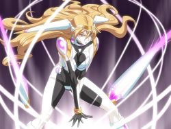 Rule 34 | 1girl, blonde hair, bodysuit, breasts, breasts squeezed together, chouhei hajoku, highres, inja no kuruwa, large breasts, long hair, looking at viewer, magic, serious, simple background, solo, standing, wavy hair, weapon, yellow eyes