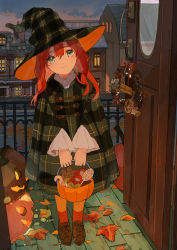 Rule 34 | 1girl, absurdres, autumn, brown footwear, buchi (qooo003), closed mouth, commentary request, green eyes, green hat, hair between eyes, halloween, halloween bucket, hat, head tilt, highres, holding, house, jack-o&#039;-lantern, long hair, long sleeves, looking at viewer, open door, orange socks, original, outdoors, pantyhose, plaid headwear, red hair, red socks, shoes, smile, socks, socks over pantyhose, solo, standing, sunset, wide sleeves, window, witch hat, wreath